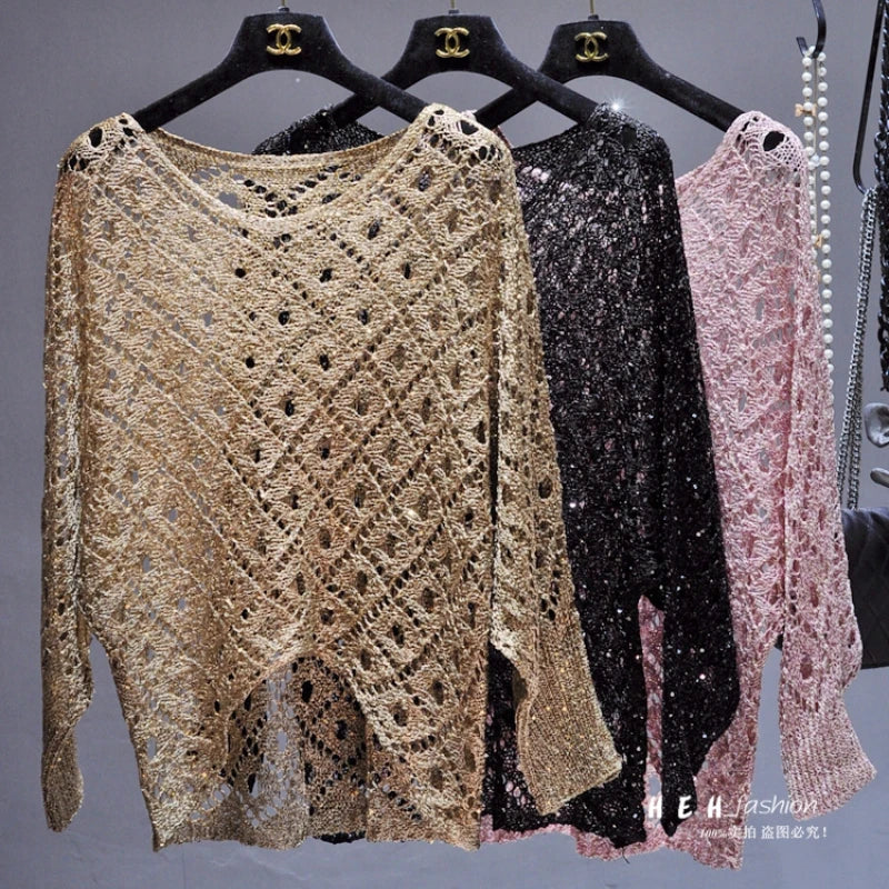 EtherealBe fall sequin dresses for women openwork knit long sleeve metallic gold black and pink