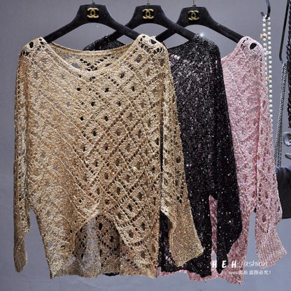 EtherealBe fall sequin dresses for women openwork knit long sleeve metallic gold black and pink