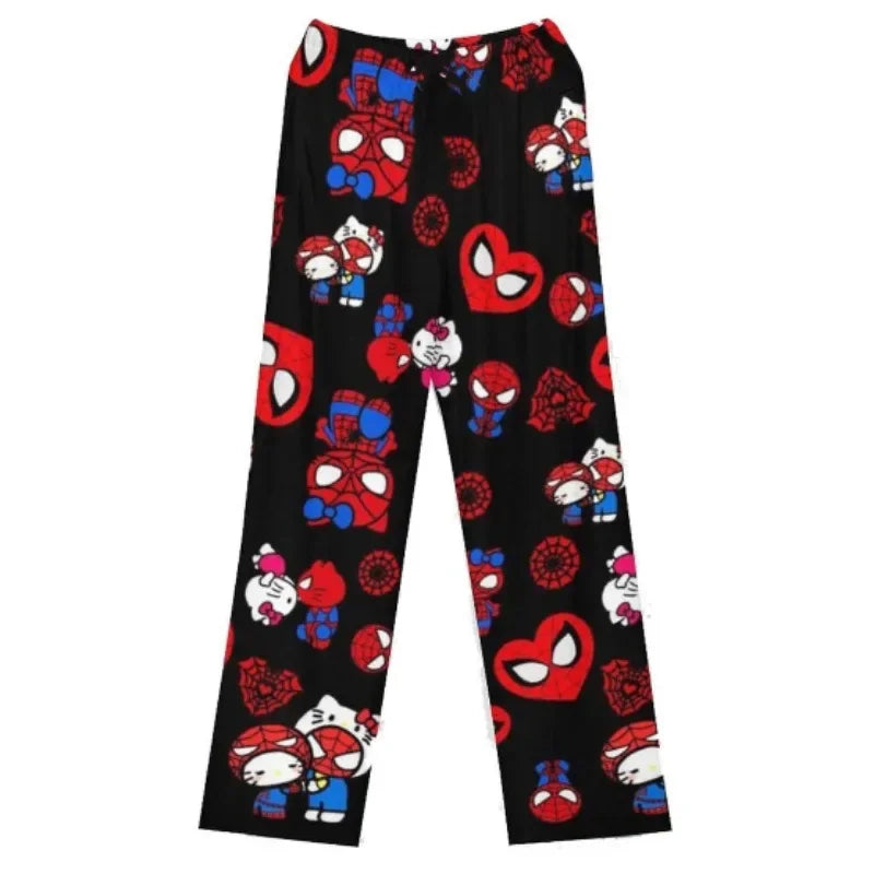 Hello Kitty anime pajama pants featuring Spider-Man characters in colorful print on a black background