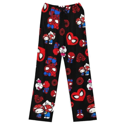 Hello Kitty anime pajama pants featuring Spider-Man characters in colorful print on a black background