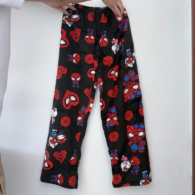 EtherealBe hello kitty anime pajama pants featuring colorful Spider-Man prints on a black background