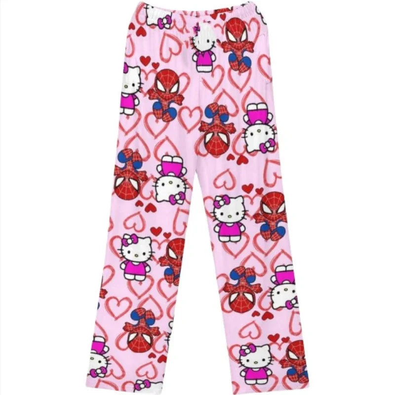 Cute hello kitty anime pajama pants in pink with Spider-Man and hearts print for cozy lounging
