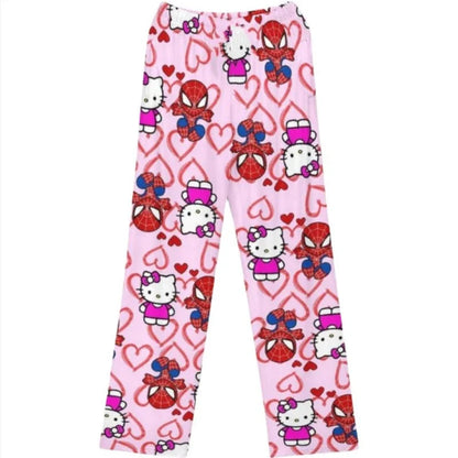 Cute hello kitty anime pajama pants in pink with Spider-Man and hearts print for cozy lounging