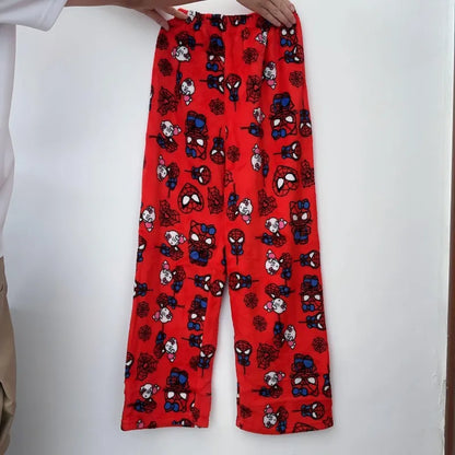 Red hello kitty anime pajama pants featuring Spiderman print for cozy lounging