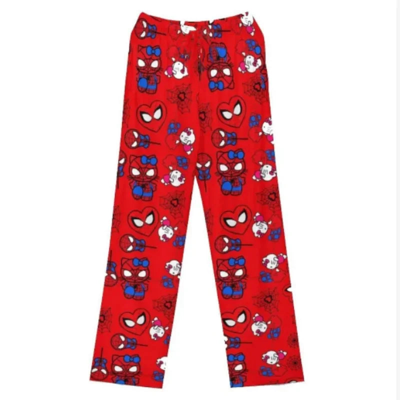 Red hello kitty anime pajama pants featuring Spider-Man and cute characters for cozy nights