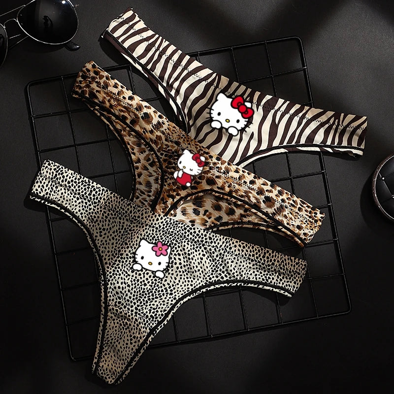 Hello Kitty leopard thong underwear set featuring cute designs with leopard and zebra prints