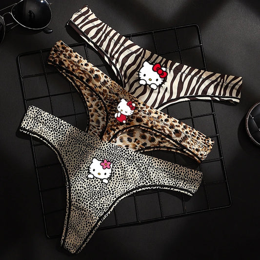 Hello Kitty leopard thong underwear set featuring cute designs with leopard and zebra prints