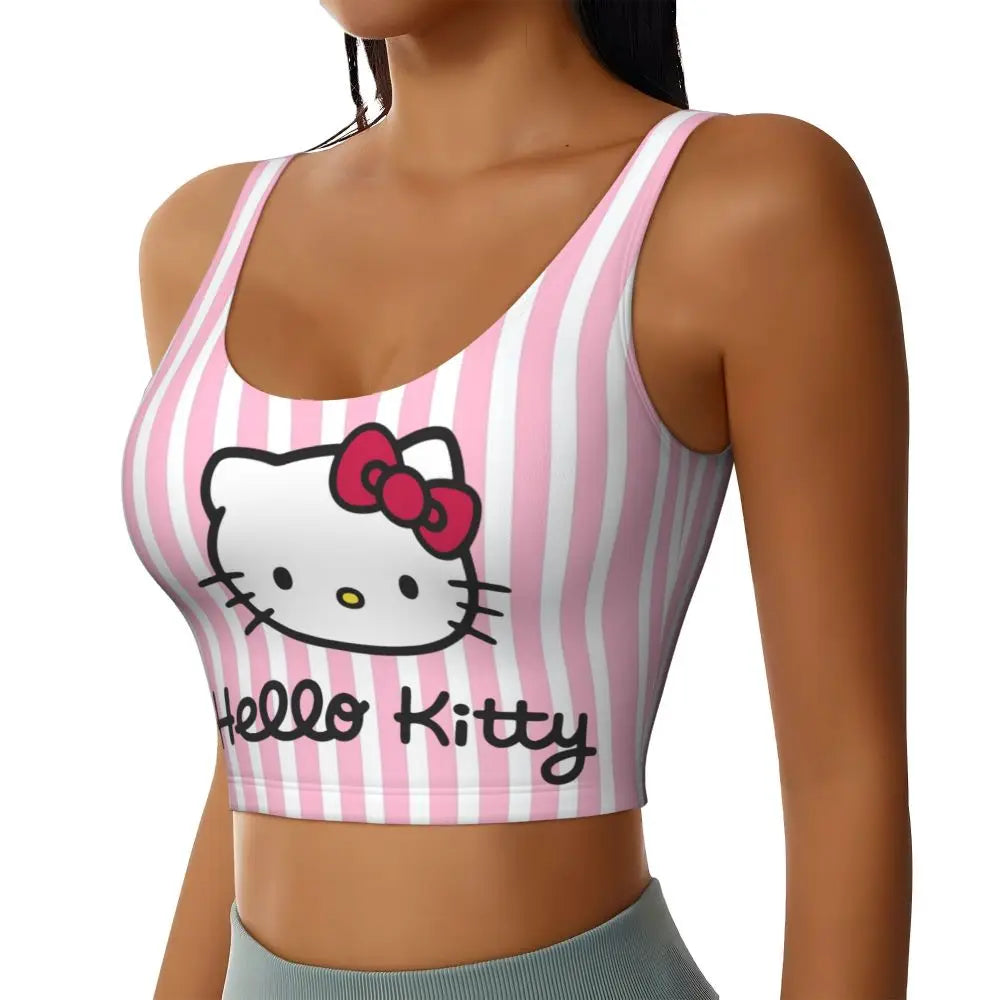 Hello Kitty sports bra for women with pink stripes and a cute Hello Kitty graphic