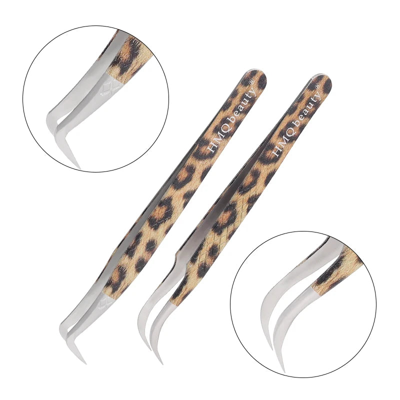 Leopard eyelash extension tweezers set with precise tips for easy application and styling