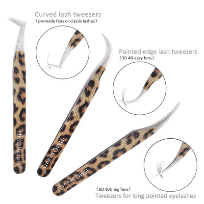Leopard eyelash extension tweezers featuring curved and pointed edges for precise application