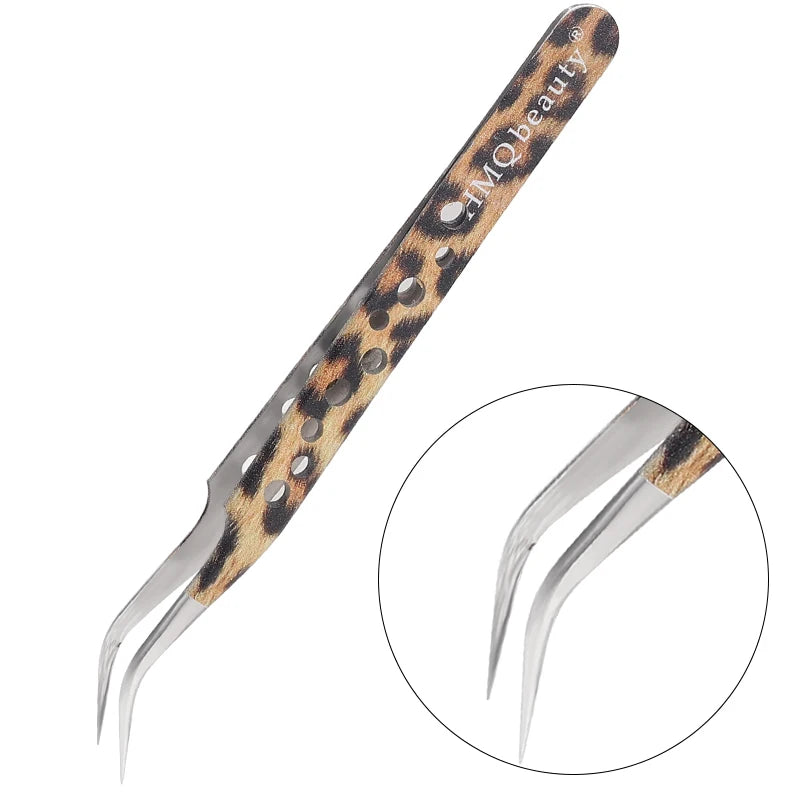 Leopard eyelash extension tweezers with precision tips for expert application and styling