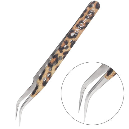Leopard eyelash extension tweezers with precision tips for expert application and styling