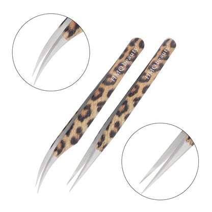 Leopard eyelash extension tweezers set featuring precision tips for perfect application