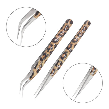 Leopard eyelash extension tweezers with ergonomic design for precise application and styling