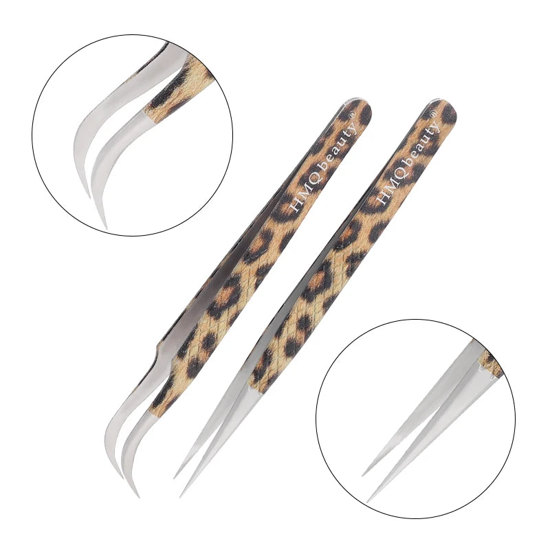 EtherealBe leopard eyelash extension tweezers set with precision tips for professional lash application