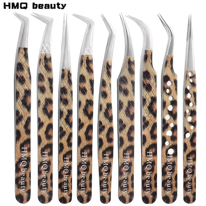 Set of leopard eyelash extension tweezers with various styles for precise application