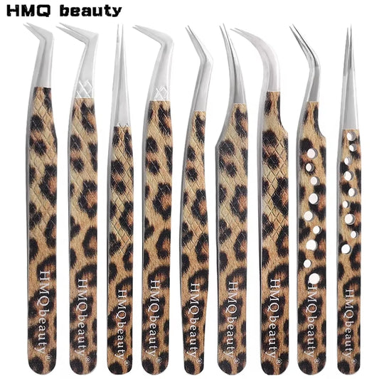 Set of leopard eyelash extension tweezers with various styles for precise application
