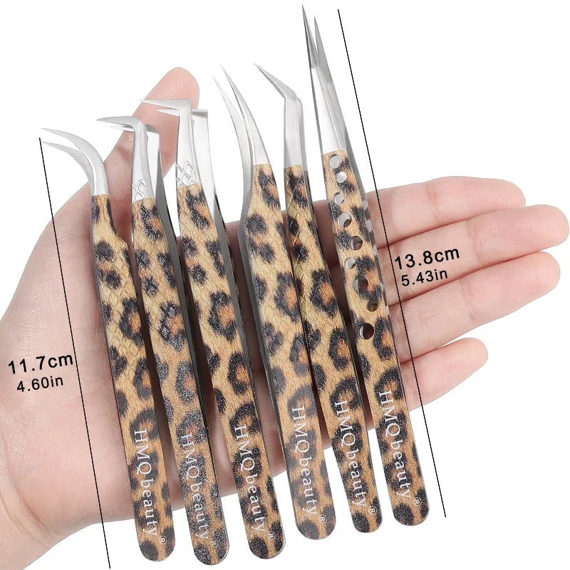Set of leopard eyelash extension tweezers with ergonomic design for precision application