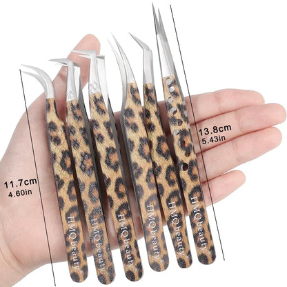 Set of leopard eyelash extension tweezers with ergonomic design for precision application
