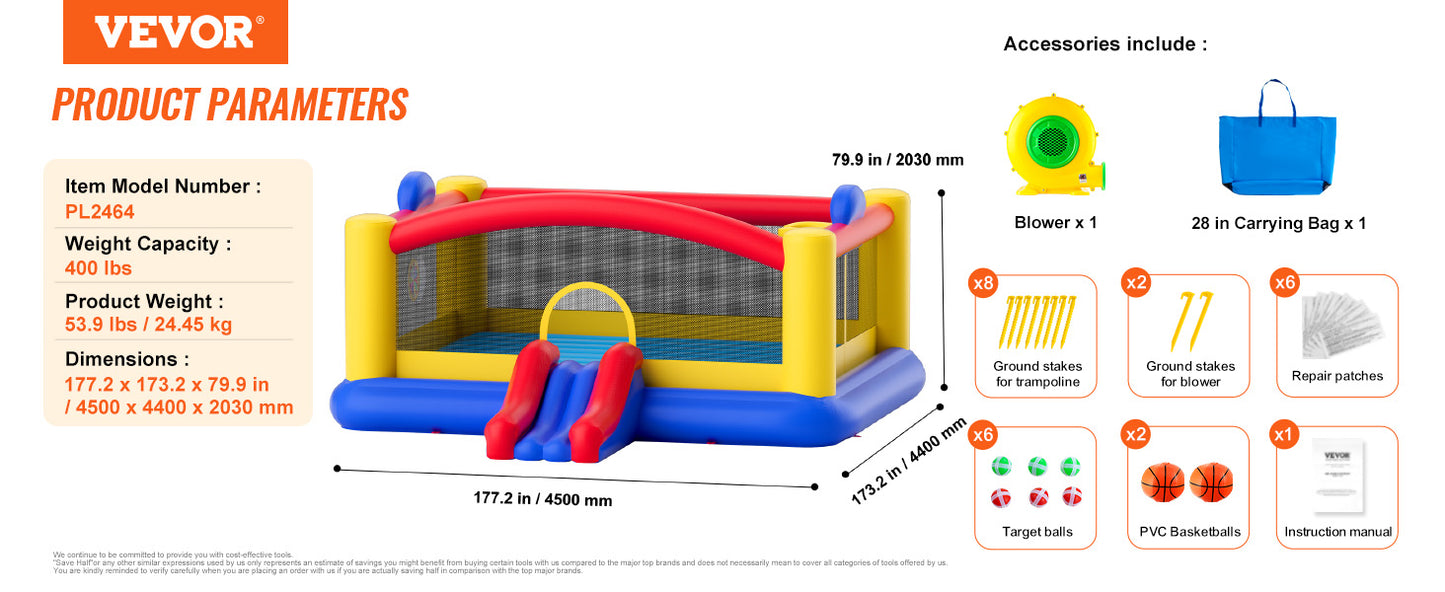 VEVOR Inflatable Bounce House Outdoor High Quality Playhouse Trampoline Jumping Bouncer with Blower Slide and Storage Bag Castle