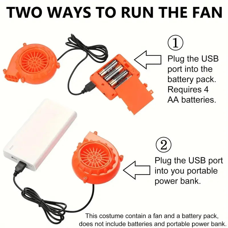 Instructions for inflatable unicorn costume adult fan operation with battery pack and power bank options