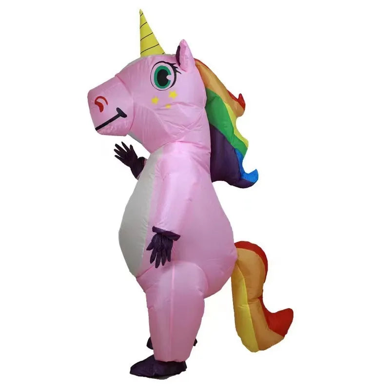 Inflatable unicorn costume adult in pink with rainbow mane and tail, ideal for parties and events
