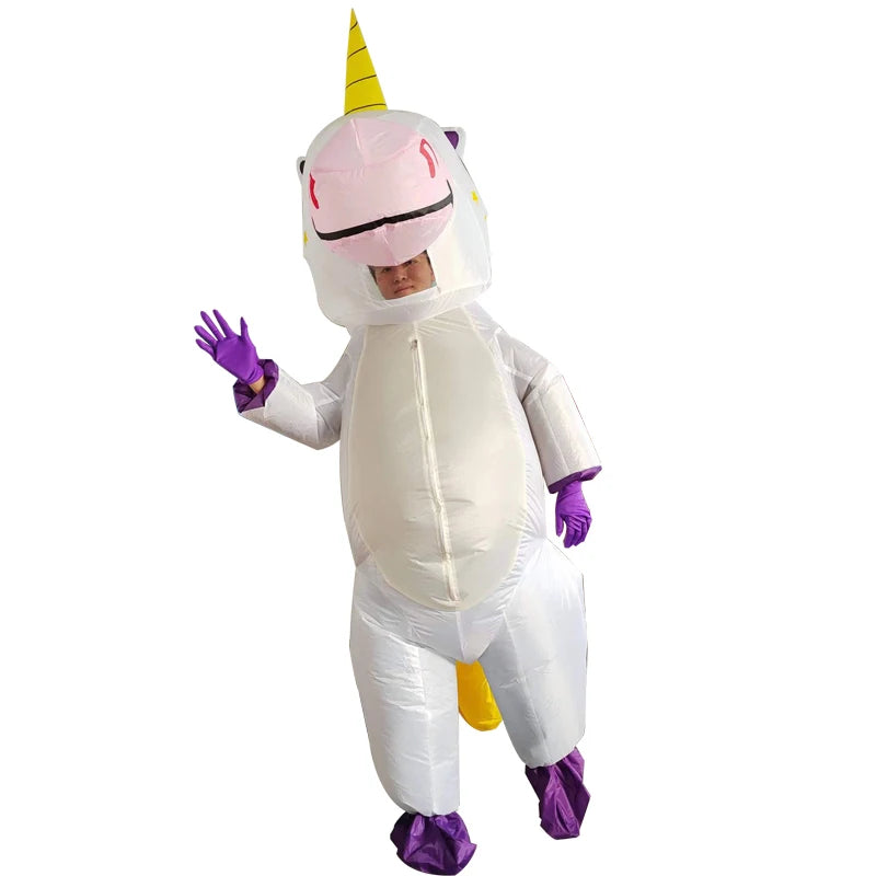 Adult inflatable unicorn costume with pink and purple details, perfect for parties and events