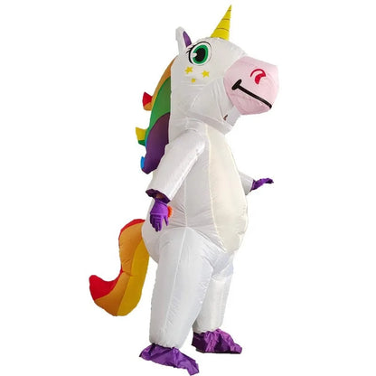 Adult inflatable unicorn costume with rainbow mane and colorful details for festive parties
