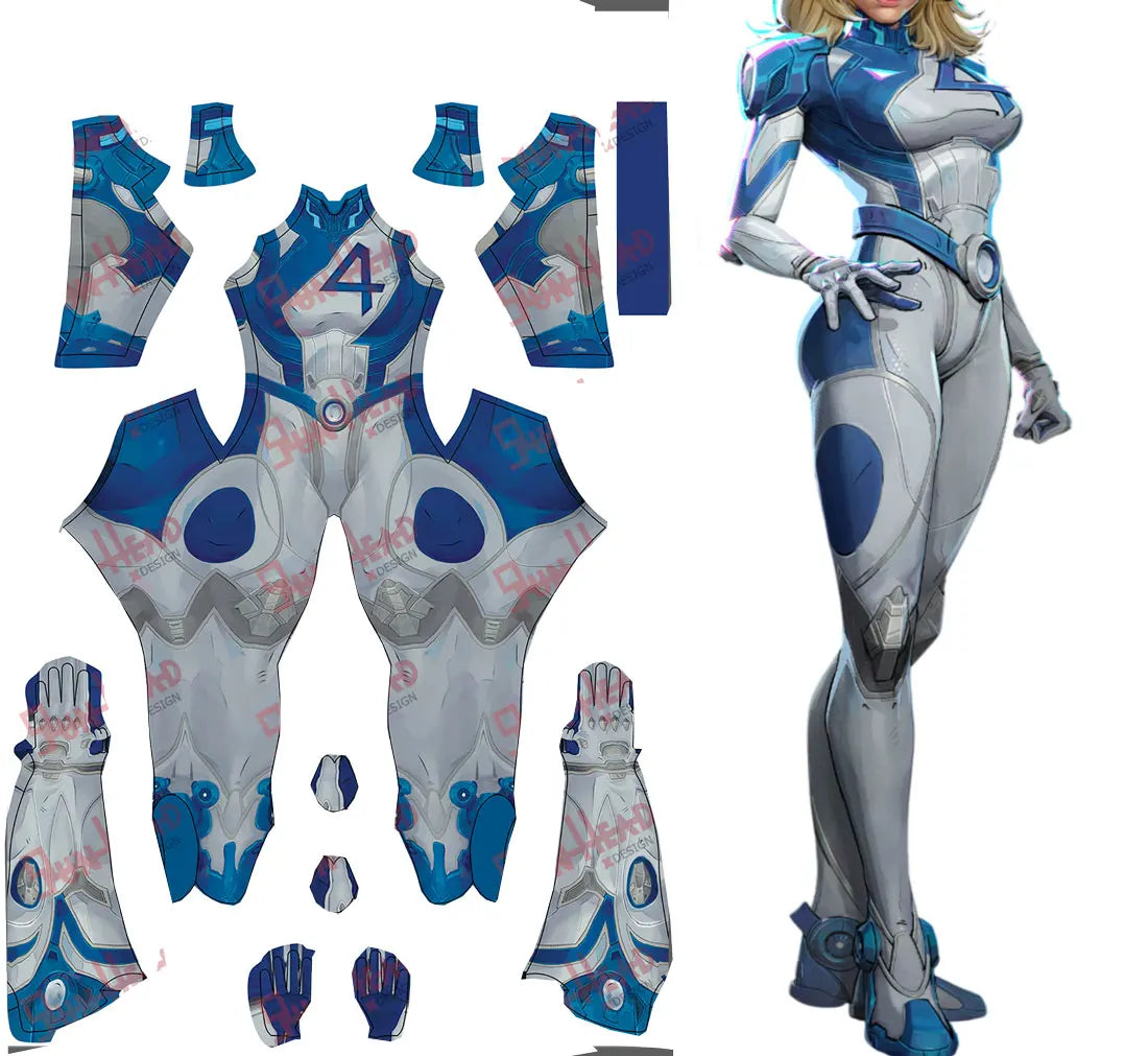 Invisible Woman Fantastic Four Susan Storm costume design with blue and silver details for cosplay