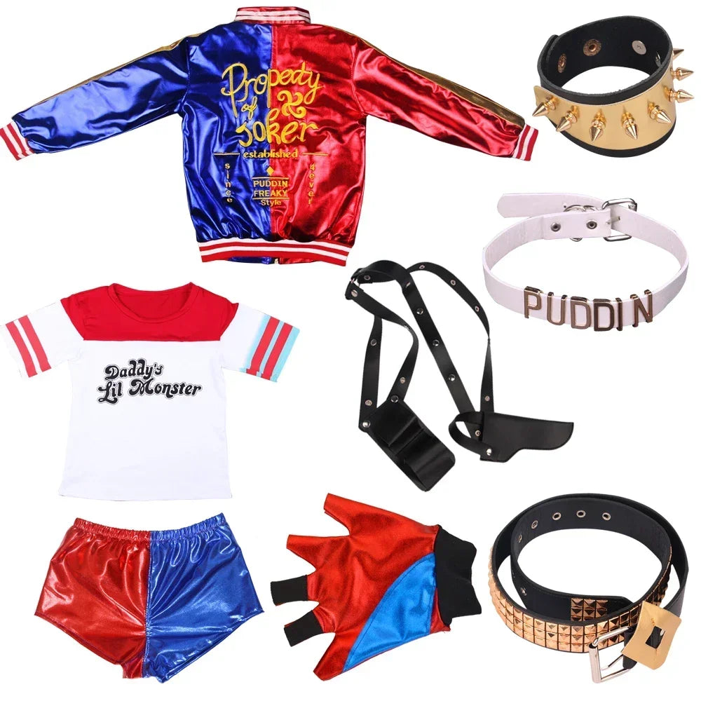 Joker and Quinn couple costume set featuring colorful jackets, shorts, gloves, and accessories for themed events
