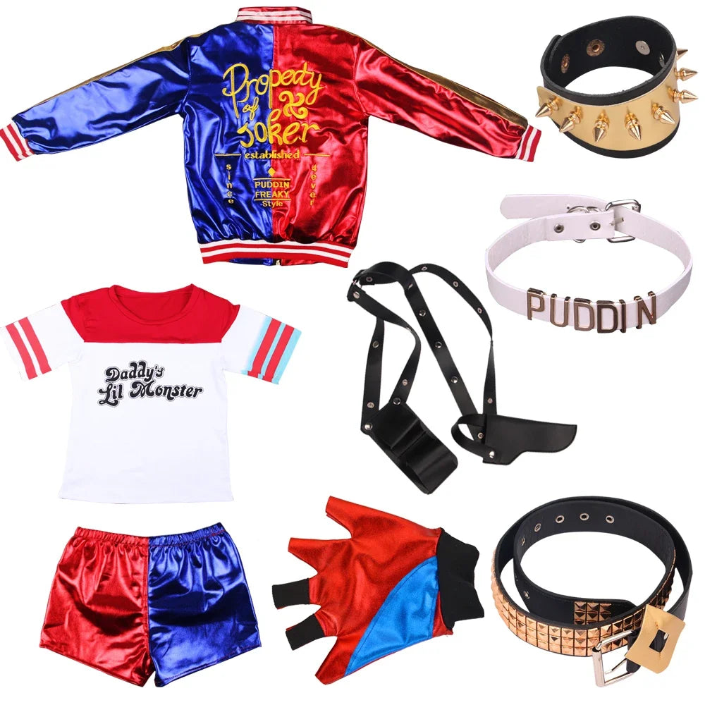 Joker and Quinn couple costume set featuring colorful jackets, gloves, shorts, and accessories