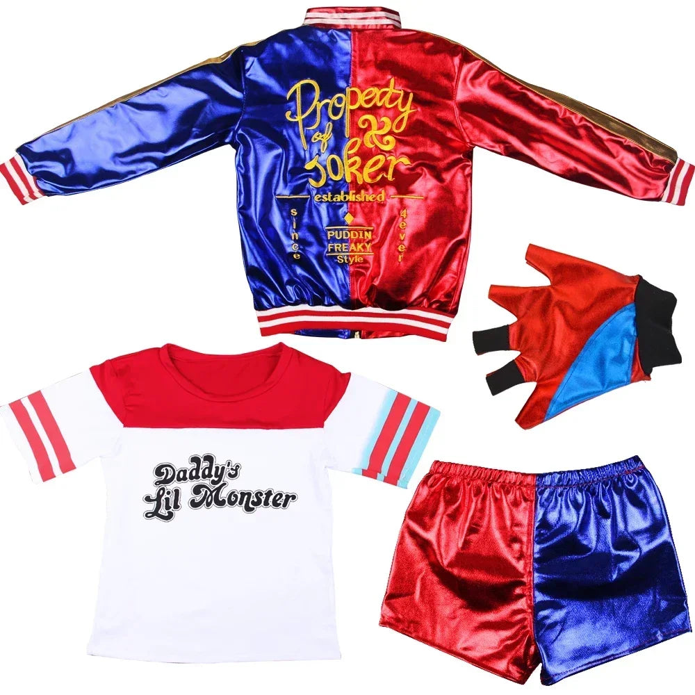 Joker and Quinn couple costume set featuring colorful jackets, shirts, gloves, and shorts