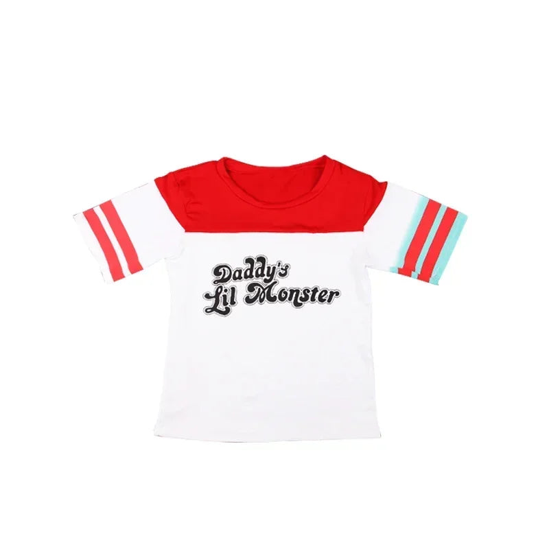 EtherealBe Joker and Quinn couple costume set with a white shirt featuring red sleeves and 'Daddy's Lil Monster' text