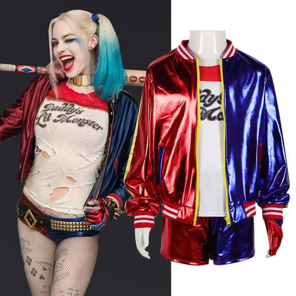 Joker and Quinn couple costume set featuring vibrant jackets and playful outfits for themed parties