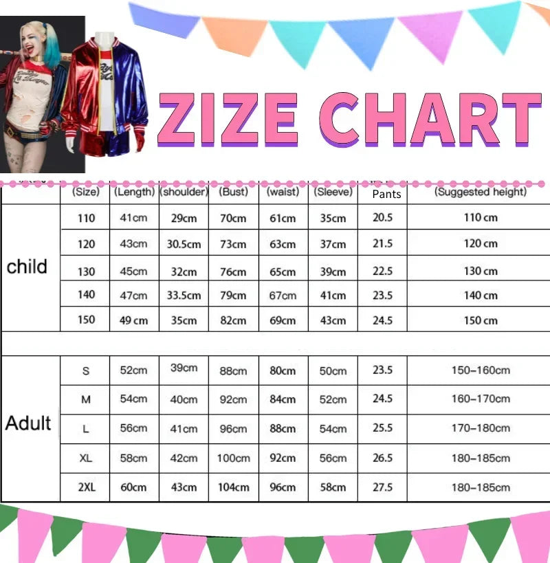 Size chart for EtherealBe Joker and Quinn couple costume set including measurements for children and adults