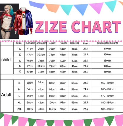 Size chart for EtherealBe Joker and Quinn couple costume set including measurements for children and adults