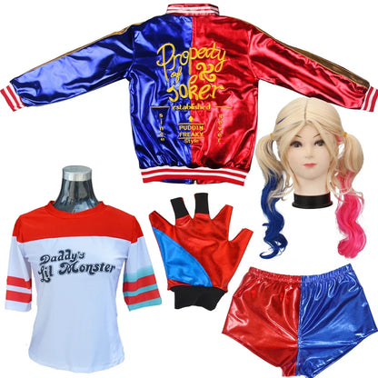 Joker and Quinn couple costume set featuring a jacket, shirt, gloves, shorts, and wig for themed events