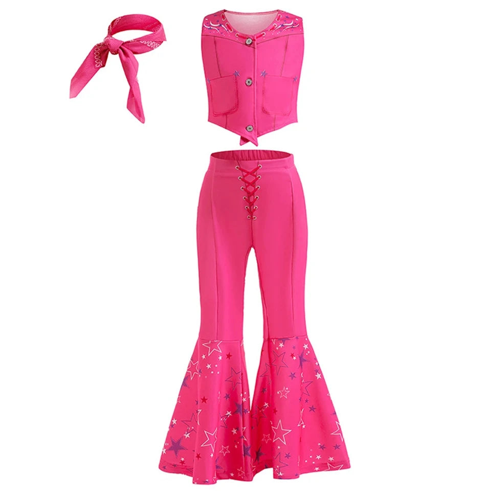 EtherealBe pink cowgirl cosplay set for kids with sleeveless vest bandana and star print flared pants