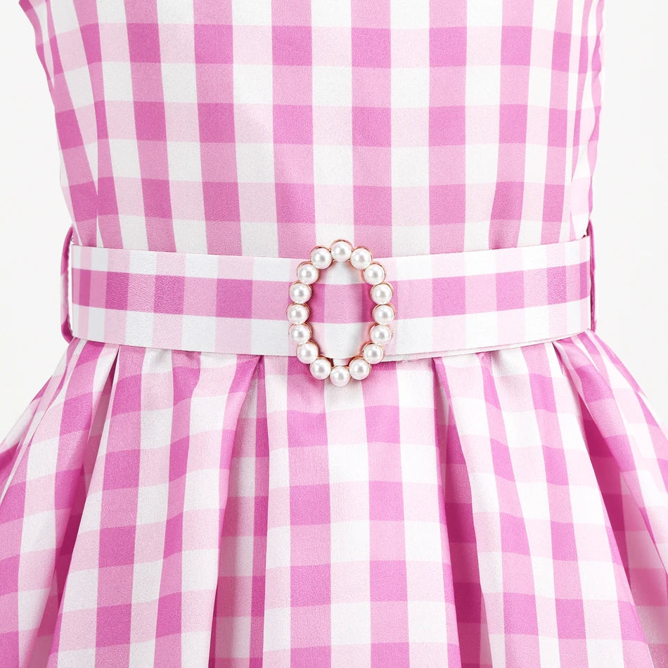 EtherealBe pink gingham dress with pleated skirt and pearl buckle belt pink cowgirl cosplay set for kids