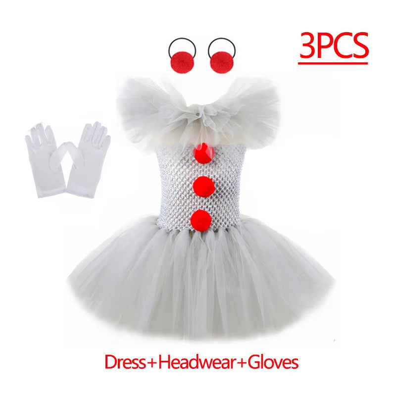 EtherealBe kids creepy clown Halloween costume with white tutu dress, headband, and gloves