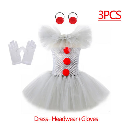 EtherealBe kids creepy clown Halloween costume with white tutu dress, headband, and gloves
