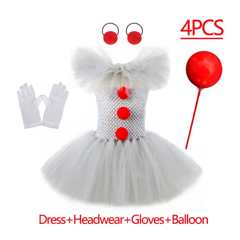 EtherealBe kids creepy clown Halloween costume with dress, headwear, gloves, and balloon accessories