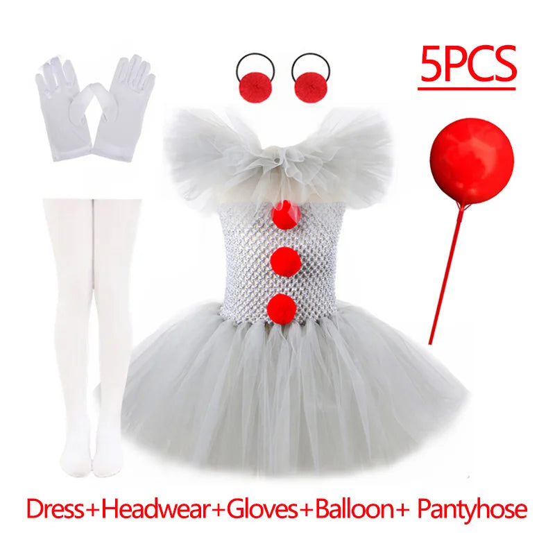 EtherealBe kids creepy clown Halloween costume with tulle dress, gloves, and fun accessories