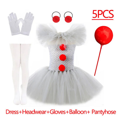 EtherealBe kids creepy clown Halloween costume with tulle dress, gloves, and fun accessories