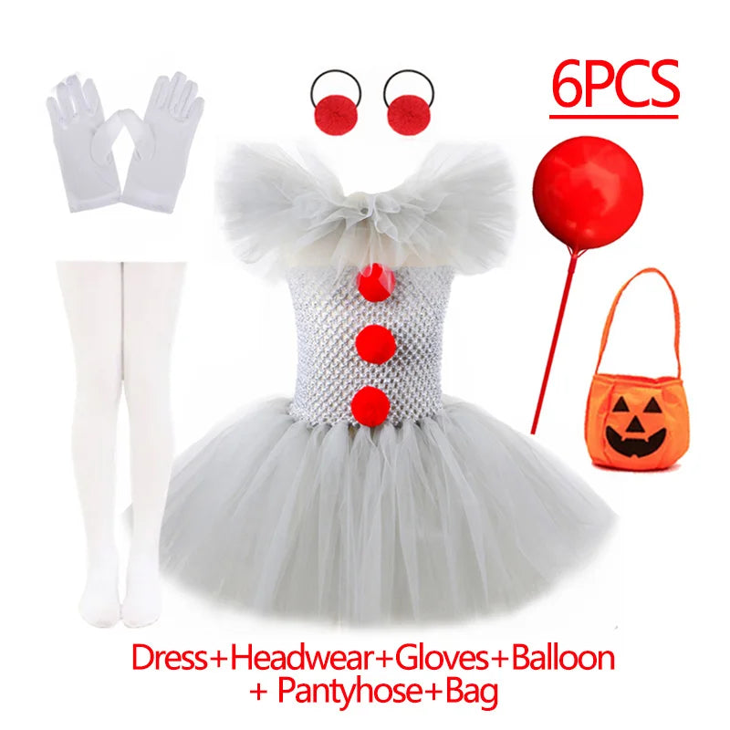 Kids creepy clown Halloween costume set with dress, headwear, gloves, balloon, pantyhose, and bag