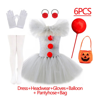 Kids creepy clown Halloween costume set with dress, headwear, gloves, balloon, pantyhose, and bag