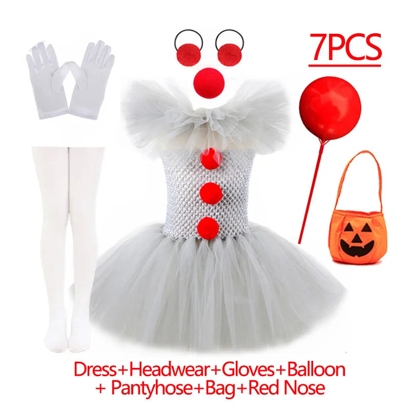 EtherealBe kids creepy clown Halloween costume set including dress, gloves, balloon, and accessories