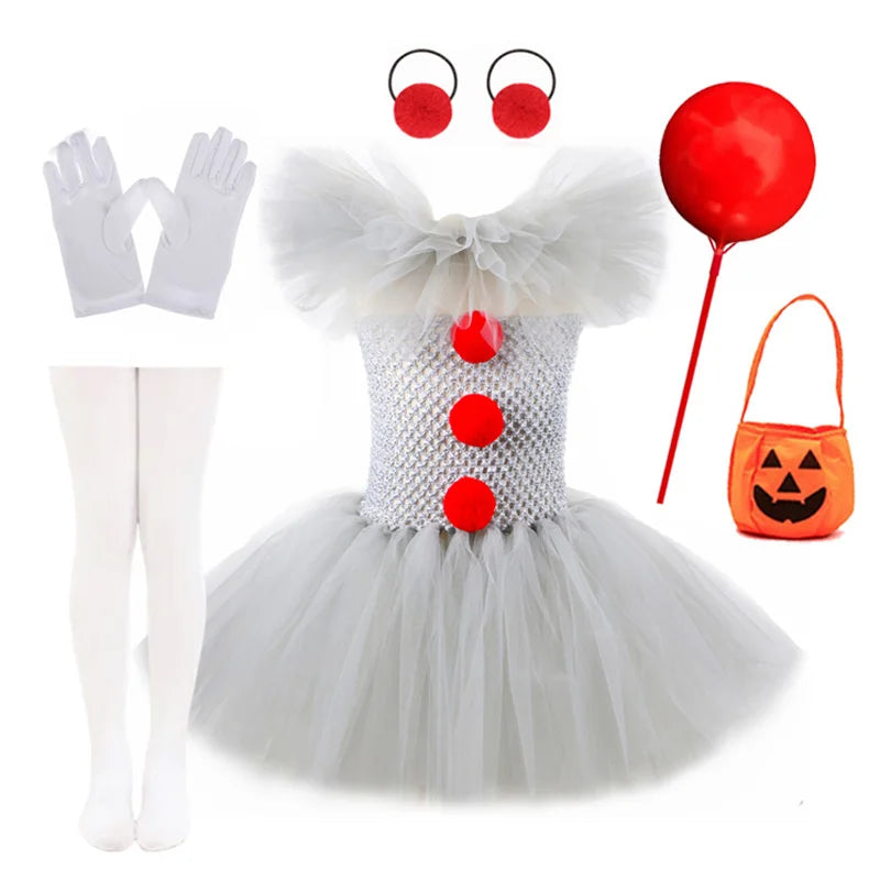 EtherealBe kids creepy clown Halloween costume with tulle dress, gloves, accessories, and pumpkin bag