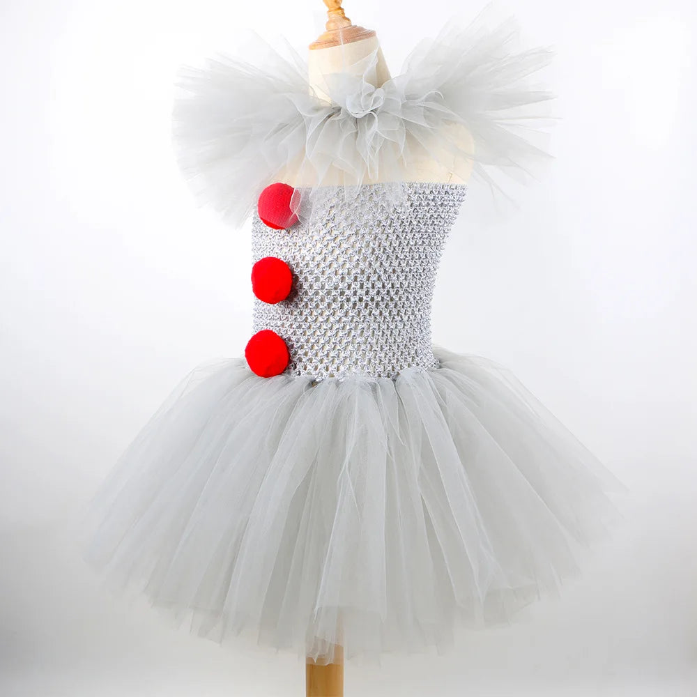 EtherealBe kids creepy clown Halloween costume with tulle skirt and ruffled collar