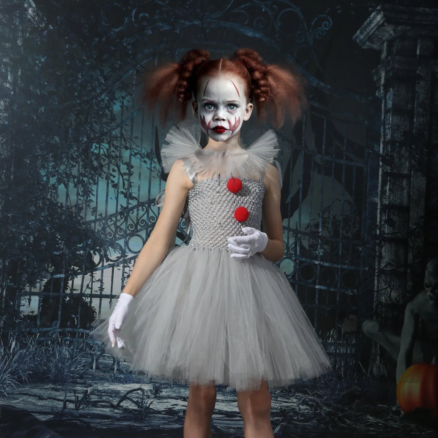 EtherealBe kids creepy clown Halloween costume with tulle dress and clown makeup for spooky fun